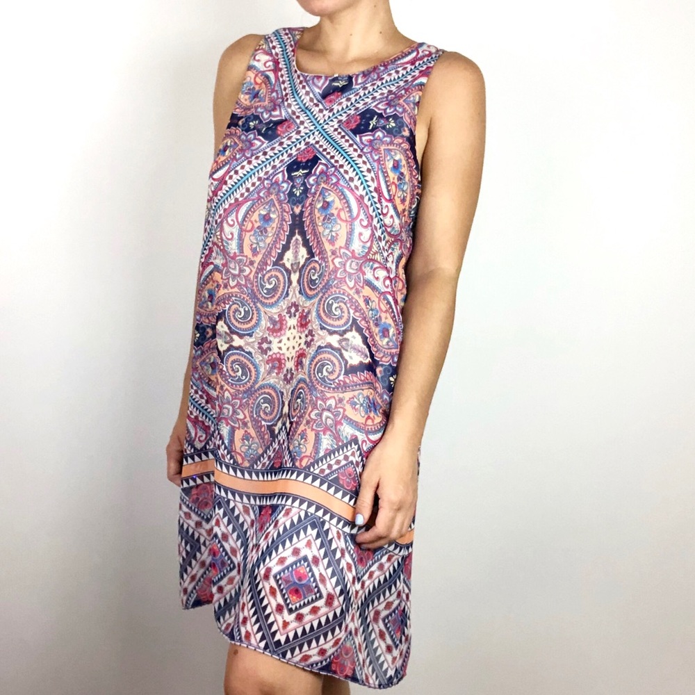 Everly | Paisley High Neck Lined Shift Dress Sz L